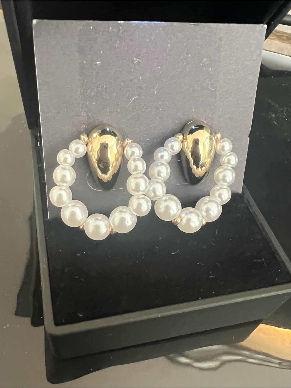 Pearl Hoop Drop Earrings with Gold Accents - White Pearlescent NWT
